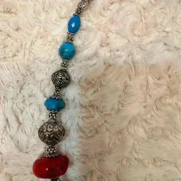 Tibetan Nepalese repousse conch Turquoise Vintage pendant & Capped Bead Necklace - Picture 7 of 17